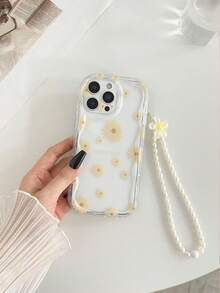 Cremige glänzende Handyhülle mit gewelltem Rand und Blumenmuster, stoßfest, mit Perlenarmband-Accessoire, kompatibel mit iPhone 17pro/17Air/17/17promax16/11/16pro/16plus/16promax/16e/15Promax/13/14/12/XS/XR/7G/8P - Verschiedenfarbig - Übersicht 2