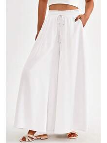 [Free Shipping]Women Wide Leg Pants Casual High Waist Floral Palazzo Pants For Women Flowy Lounge Boho Beach Trousers Pockets Women's Wide Leg - 白色 - 查看 4