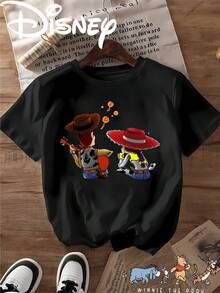 Breathable Cotton Disney Fan Tee | "Toy Story" Woody & Jessie Playing Guitar Print | Short-Sleeve Shirt - 黑色 - 查看 1