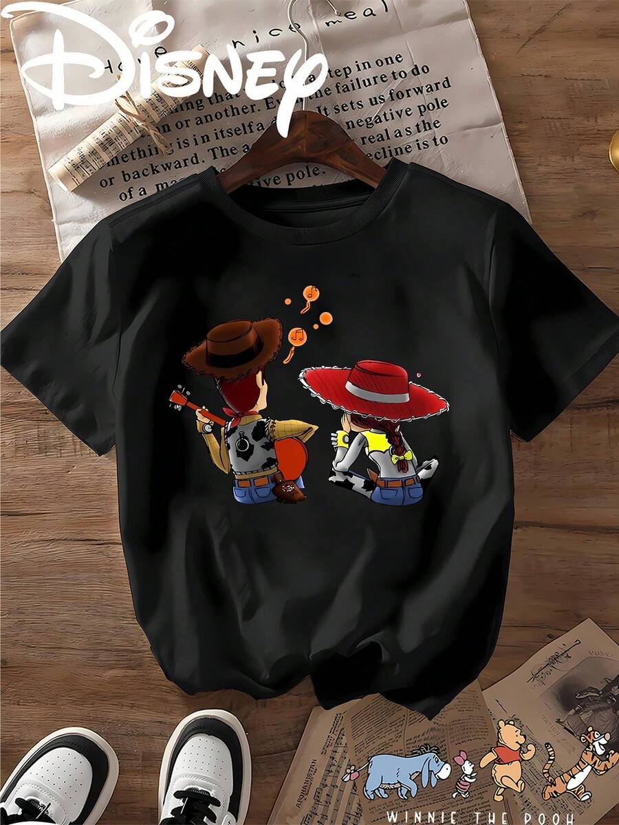 Breathable Cotton Disney Fan Tee | "Toy Story" Woody & Jessie Playing Guitar Print | Short-Sleeve Shirt - 黑色 - 查看 1