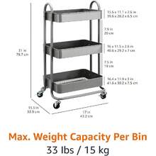 3-Tier Rolling Kitchen Cart White Rolling Utility Cart With Wheels Storage Organizer For Home Office - Charcoal - View 5