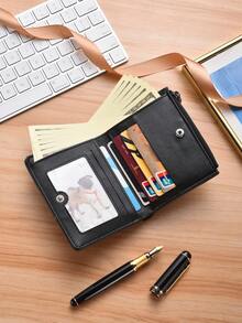 SHABILI Slim Men's Wallet, Fashion New Vertical Short Bifold Wallet, Multi-Card Slots, Snap Closure, Soft Leather, Business Style - Black - View 2