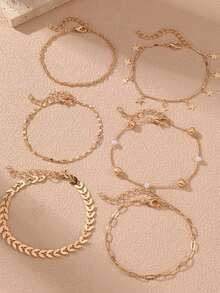 Fashionable Minimalist Rhinestone Star & Heart Pendant Chain Bracelet Set For Women, Suitable For Daily Wear, Dating, Party, Gold Jewelry Accessory, Small Gift For Female Friends (Material Is Iron, Please Avoid Contact With Water To Prevent Rust) - 6 Star Pendants - View 2