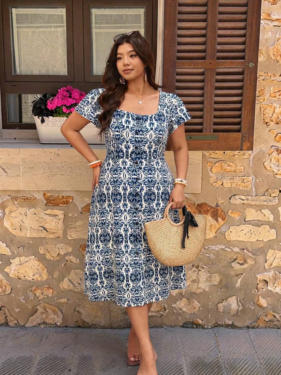 Elaquor Vestido casual de vacaciones con estampado floral pequeño para tallas grandes - Multicolor - Ver 1