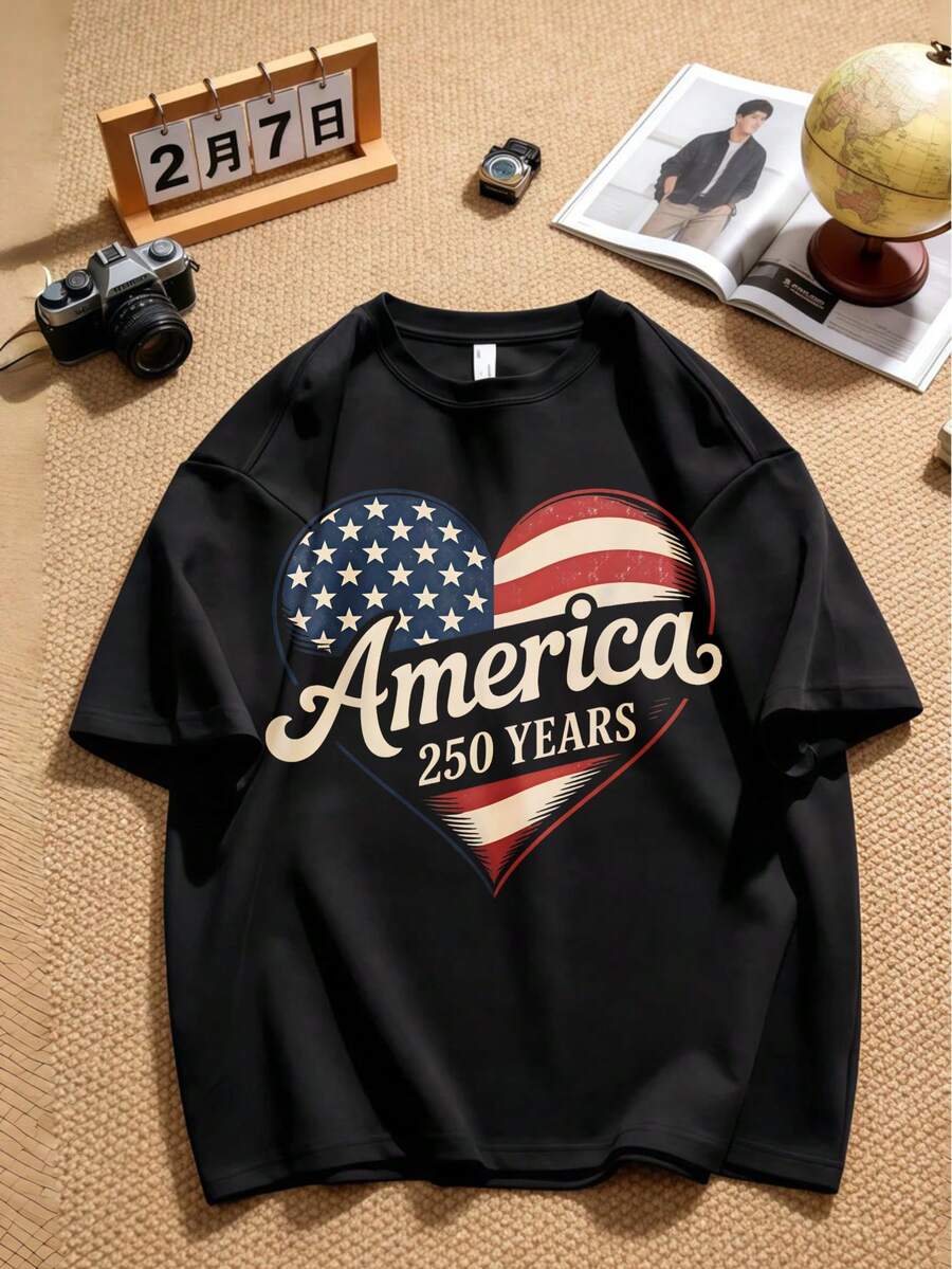 Short-Sleeved Garment With A Simple Frame Pattern For The US 250th Anniversary, For Everyday Wear. R9MW - 棕色 - 查看 1