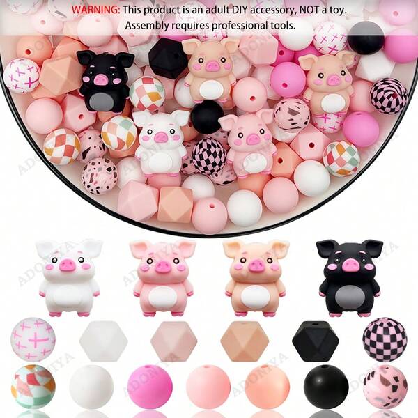 Juego de 33 piezas de cuentas de silicona 3D serie de cerdos, cuentas sueltas con forma de cerdo lindo en rosa, blanco y negro para DIY collar de cuentas, pulsera, decoración de bolígrafo, colgante de joyería, regalo de vacaciones y cumpleaños
