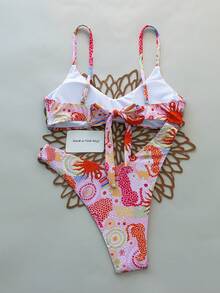 2pcs Women's Bikini Set, Light Pink With Pink Leopard Print Pattern, Spaghetti Strap Top And Triangle Bottoms, Summer Beach Swimwear Vacation - Pink - View 2