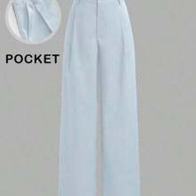 Mono de diseño minimalista Vela Rue con cierre de gancho y cremallera, pantalones ligeros y transparentes de longitud completa, pantalones de traje azul marino sólido, pantalones anchos adelgazantes, moda de primavera rosa para todas las estaciones - Celeste - Ver 1