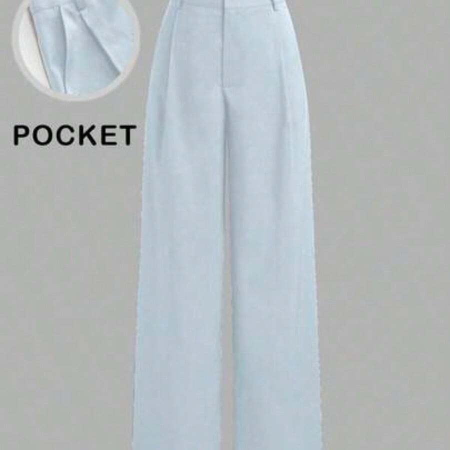 Mono de diseño minimalista Vela Rue con cierre de gancho y cremallera, pantalones ligeros y transparentes de longitud completa, pantalones de traje azul marino sólido, pantalones anchos adelgazantes, moda de primavera rosa para todas las estaciones - Celeste - Ver 1