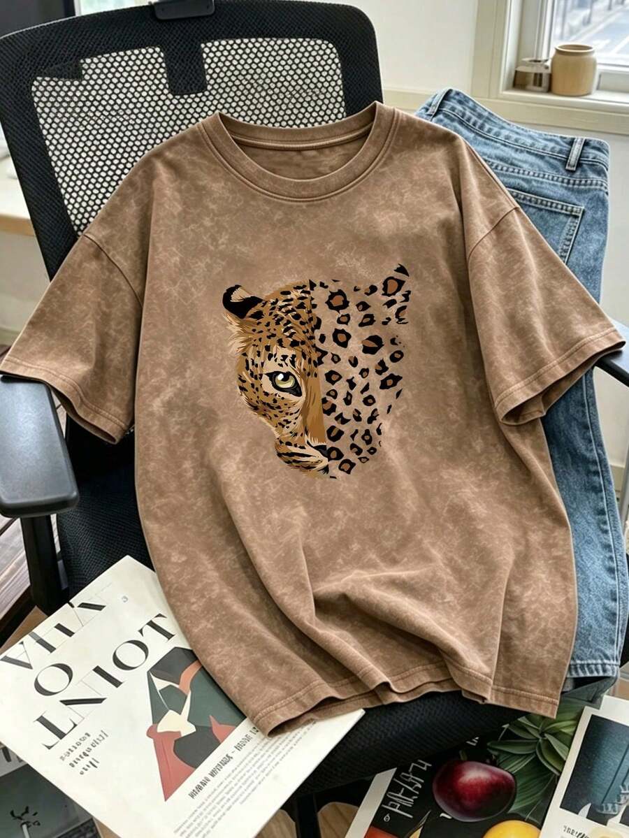 de verano con estampado de cara de leopardo vintage, cuello redondo, teñido anudado y manga corta. Elegante y versátil para mujer. - Marrón 2 - Ver 1