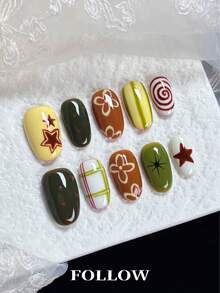 10 piezas de uñas postizas cortas ovaladas hechas a mano, estilo lindo, verde, marrón, amarillo, patrón de rayas, flores y estrellas pintadas a mano, adecuadas para mujeres y niñas para uso diario, fiestas, oficina, set de arte de uñas reutilizable con herramientas para uñas - Verde Lima - Ver 3