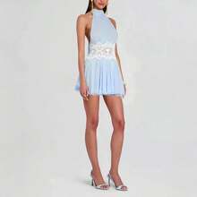 Women's Summer Dress New Summer Halter Neck Backless Dress Hollow Lace Slim Fit Vacation Style Fashion Short Dress Elegant Women's Dress Elegant Party Dress Women's Vacation Outfit Suitable For Summer Casual Vacation Commuting Simple And Stylish For Going Out Versatile For Dating And Gathering Outfits - 淺藍色 - 查看 5