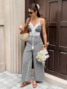 Mono casual de mujer de unicolor con volantes y pliegues para uso diario - Blanco y Negro - Ver 1