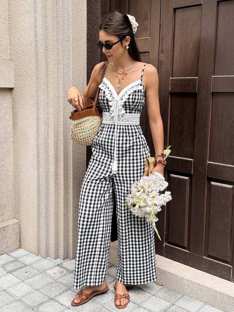Mono casual de mujer de unicolor con volantes y pliegues para uso diario - Blanco y Negro - Ver 1