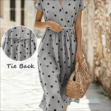 . . Vestido casual elegante y vintage con estampado de lunares, con bolsillos y lazo en la espalda. Silueta minimalista pero refinada de corte evasé con cintura anudada. Vestido versátil de estilo vintage chic para la oficina u ocasiones especiales. Ligero y bohemio con estilo de lunares para primavera/verano y vacaciones. - Rojo - Ver 4