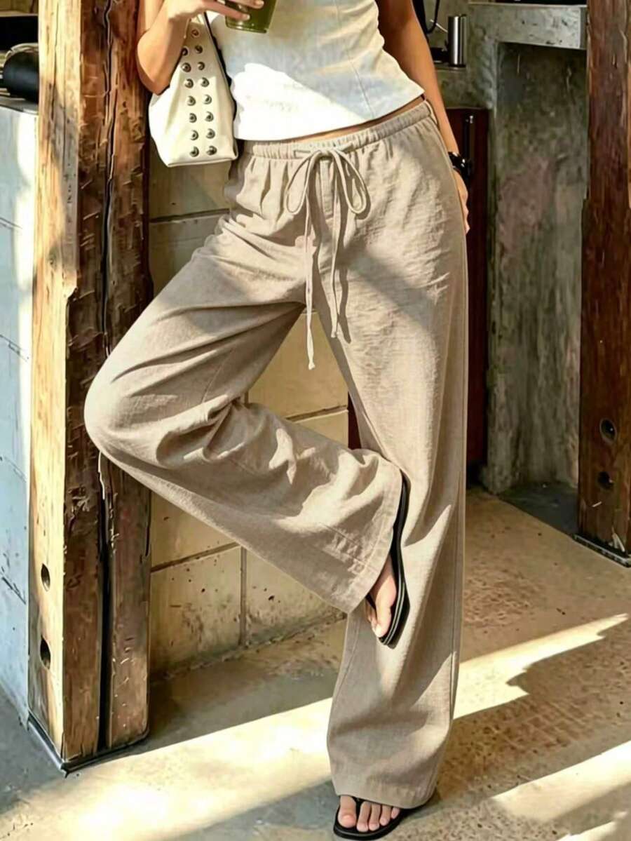 1 chiếc quần casual vintage màu trơn dây rút, phù hợp cho sân bay, ăn trưa, du lịch, hàng ngày, trường học, thể thao, kỳ nghỉ, hẹn hò, ở nhà, văn phòng, mùa hè - Rượu sâm banh - Xem 1