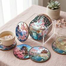 2D FLAT 6pcs/Set Japanese Cherry Blossom & Landscape Wooden Coasters - 10cm, 3/5mm Thick, Perfect For Tea, Coffee & Beverages - Ideal Home Decor Housewarming Gift, Decorate Bedroom, Living Room, Kitchen, Garden, Office, Gift For Parents & Friends, Available In 1 Set, 2 Sets Or 31 Sets, Father's Day Gift - Multicolor - View 1