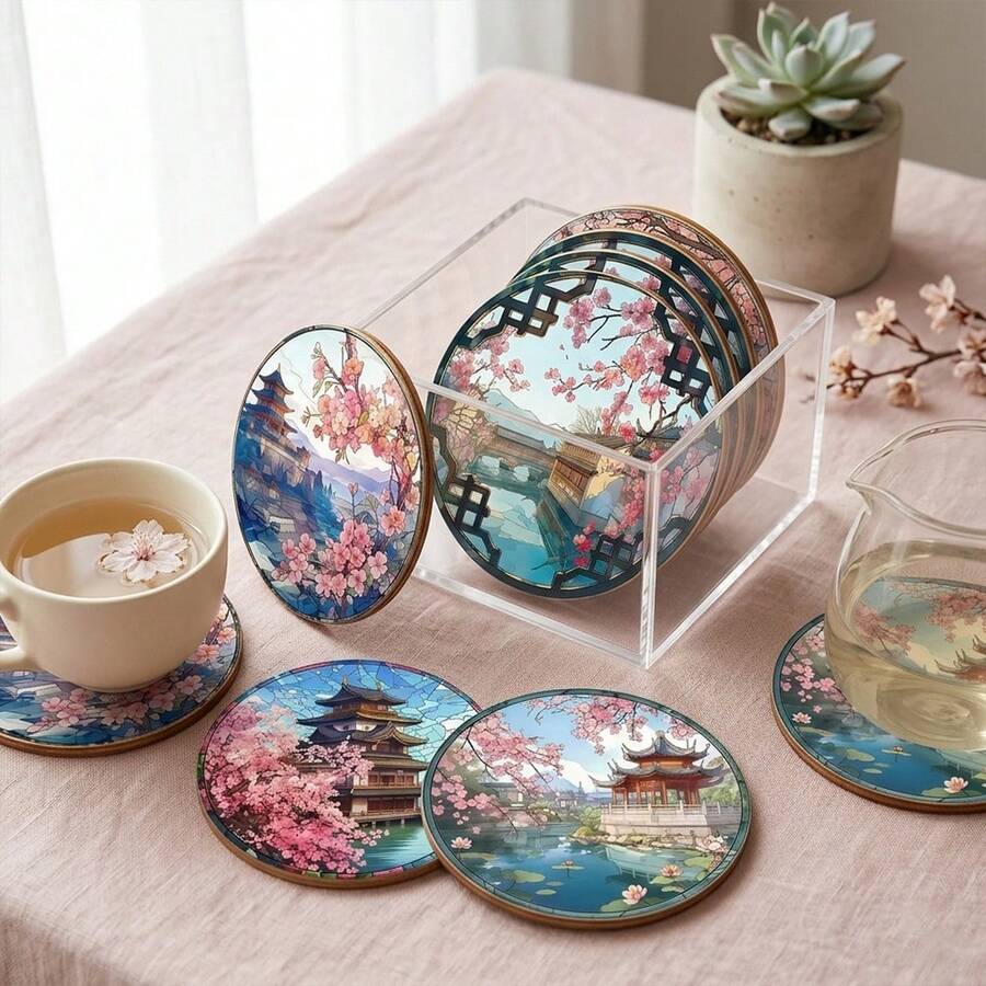 2D FLAT 6pcs/Set Japanese Cherry Blossom & Landscape Wooden Coasters - 10cm, 3/5mm Thick, Perfect For Tea, Coffee & Beverages - Ideal Home Decor Housewarming Gift, Decorate Bedroom, Living Room, Kitchen, Garden, Office, Gift For Parents & Friends, Available In 1 Set, 2 Sets Or 31 Sets, Father's Day Gift - Multicolor - View 1