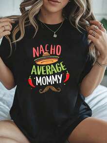 Women's T-Shirt Nacho Average Mommy Mexican Mustache Cinco De Mayo - 100% Women's Graphic Tees, Casual Daily Summer Clothing - 黑色 - 查看 1