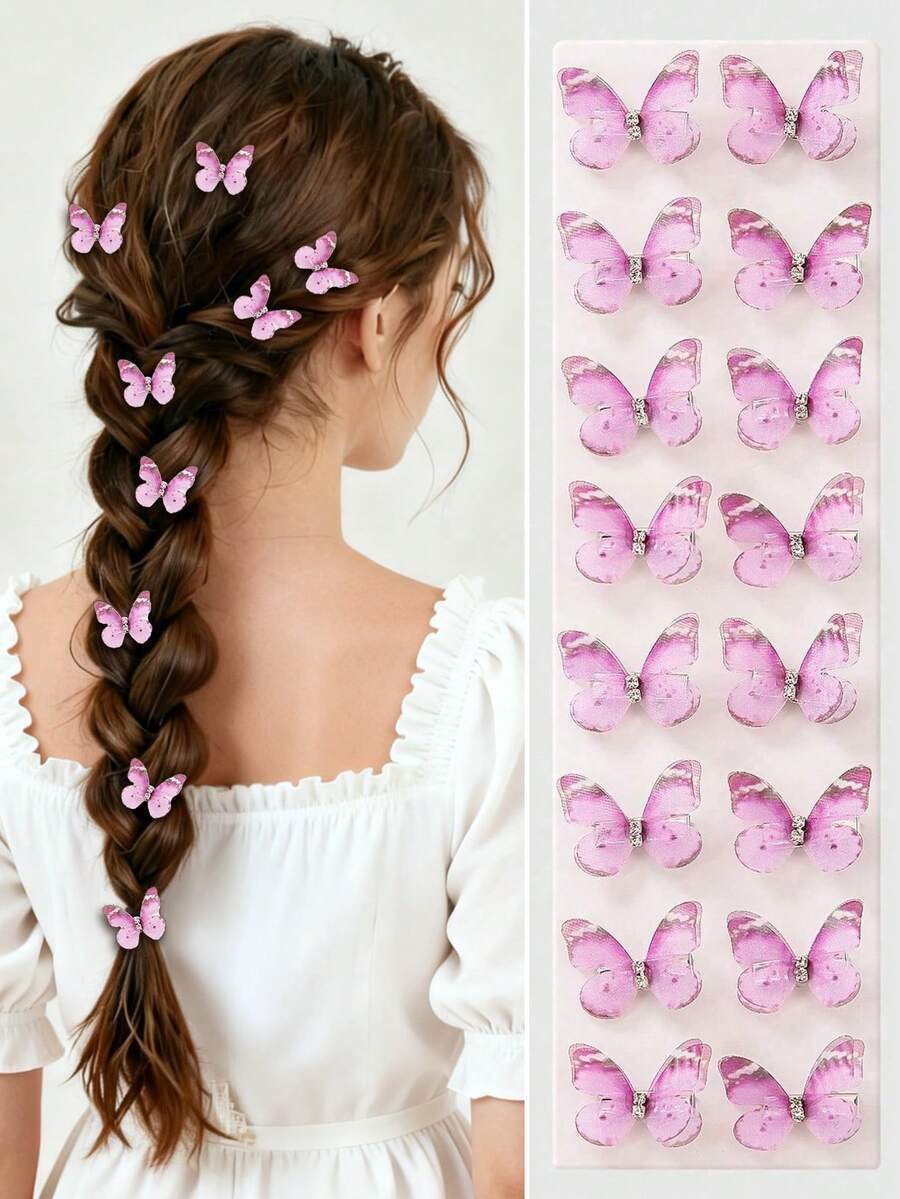Set de 10 pinzas para el cabello de niña con doble capa de tul transparente con mariposas y rhinestones en color morado, accesorios para el cabello con estilo de princesa, pinzas para el flequillo y los lados - Morado - Ver 1