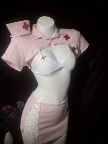 Sexy Nurse Uniform 5-Piece Set (Headwear + Top + Underwear + Short Skirt) Paired With Three-Point Seductive Lace-Up Lingerie, Offering Bold And Unrestrained Role-Playing Charm, Essential For Private Dates Between Couples - 粉紅色 - 查看 6