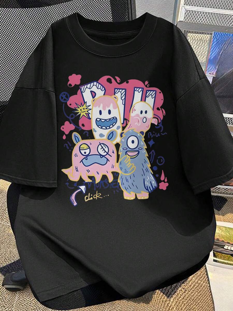 Cute Y2K Style Summer Top. 1pac. Cute Y2K Style Summer Top. Men's 100% Cotton Short-Sleeve T-Shirt With Funny Cartoon Print - Regular Fit, Casual Summer Tee, Machine Washable, Round Neck For Casual Wear, Youthful Design, Breathable Fabric. Perfect For Casual Wear. - 黑色 - 查看 1