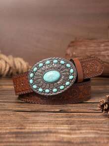 1 pièce Ceinture de cowboy western pour hommes, ceinture large à tête de taureau, ceinture à boucle à motif de tête de taureau, ceinture d'extérieur, ceinture de style bohème, ceinture cadeau - Tabac - Voir 5