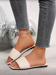 Plus Size Women's White Rhinestone Slippers, Flat Sandals Size 41-43 - White - View 2
