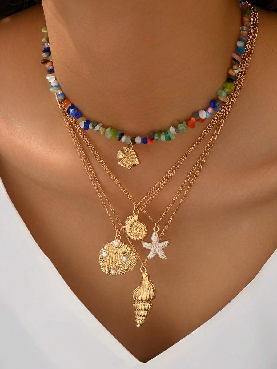 5pcs/Set Beachy Colorful Stone Necklace Set, Multi-Layer Design With Seashell Pendants, Suitable For Daily Wear, Beach Vacation And Music Festivals. The Number, Size And Color Arrangement Of The Stones Are Random. - Multicolor - View 1