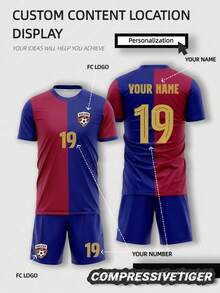 2pcs/Set Adult Soccer Jersey & Shorts Set - Personalized Name/Number, Quick-Dry Fabric - Red & Blue, Birthday Gift Sports Summer - Navy Blue - View 1