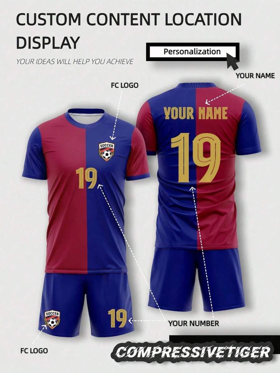 2pcs/Set Adult Soccer Jersey & Shorts Set - Personalized Name/Number, Quick-Dry Fabric - Red & Blue, Birthday Gift Sports Summer - Navy Blue - View 1