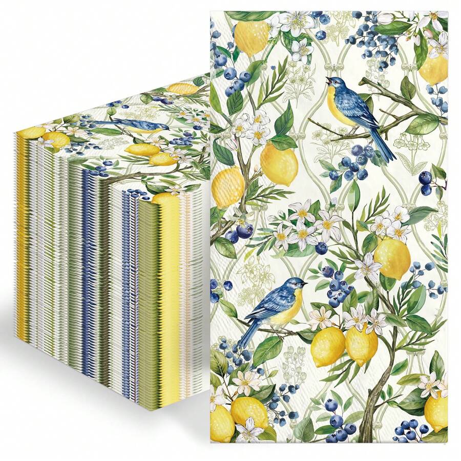 20pcs/40pcs/60pcs, Vintage Lemon & Blue Bird Print Napkins, Disposable 2-Ply Botanical Cocktail Napkins, Cute Watercolor Nature Tableware Decor, Perfect For Spring Summer Gathering, Bridal Brunch, Outdoor BBQ, Farmhouse Party Supplies - View 1