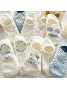 5pairs Women Cartoon Bear Head & Letter Graphic Non-slip Cute Invisible Socks For Daily Life - Multicolor - View 9