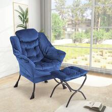 Sillón lounge moderno con otomana – Estructura metálica resistente – Respaldo reclinable, reposapiés plegable y cojín extraíble – Tapizado suave ideal para sala, dormitorio u oficina - Respaldo con 4 hebillas - Ver 1