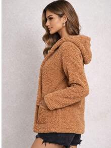 Women's Teddy Animal Print Hooded Jacket – Leopard Style With Fur Pockets - Everyday Wear - 駝色 - 查看 4