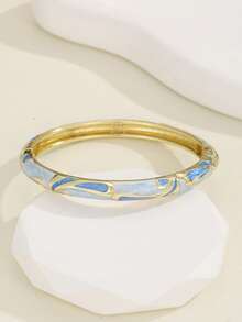 1pc Fashionable Gold-Plated Cloisonne Bangle Bracelet, Jewelry Gift For Women & Girls - Baby Blue - View 4
