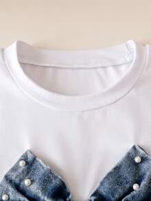 Girls Denim Shorts Set, Denim Beaded Bow Decor Simple Round Neck Short Sleeve T-Shirt, Denim Beaded Shorts With Patchwork Skirt Hem, Casual Young Girls Outfit - White - View 3