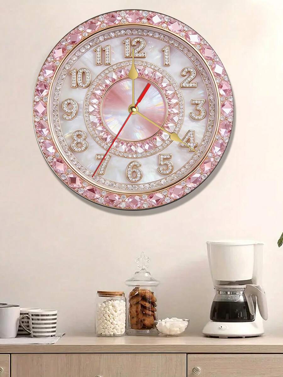 Pink Diamond Inlaid Shell European Luxury Living Room Decor Silent Quartz Clock, Creative Home Hanging Wall Clock, Fashionable Bedroom Clock, High-End Gift, 2D Flat Design - 彩色 - 查看 1