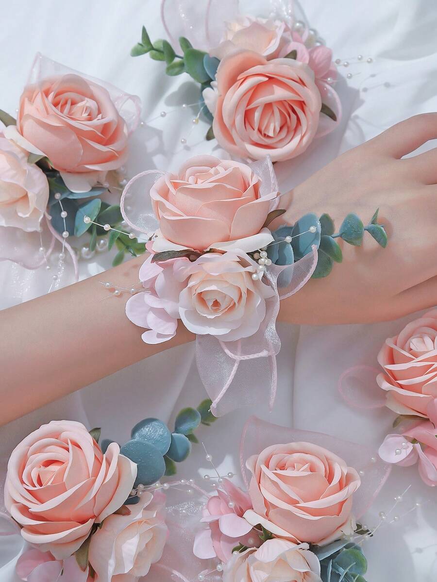 1件/6件裝人造粉色絲綢玫瑰花婚禮手腕花飾伴娘配套花束女性手花婚禮花卉派對裝飾