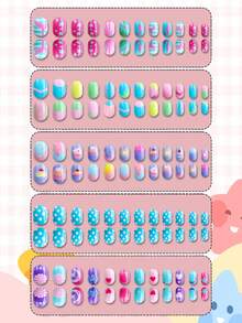 NAIO 120-Piece Pack (5 Styles) Of Children's Press-Type False Nails, Acrylic Material, Full Coverage, Cute Cartoon Rainbow Heart Glossy Press-Type False Nail Set, Short Oval False Nail Set, Comes With 3 Pieces Of Tape And 3 Nail Files. - Multicolor - View 4