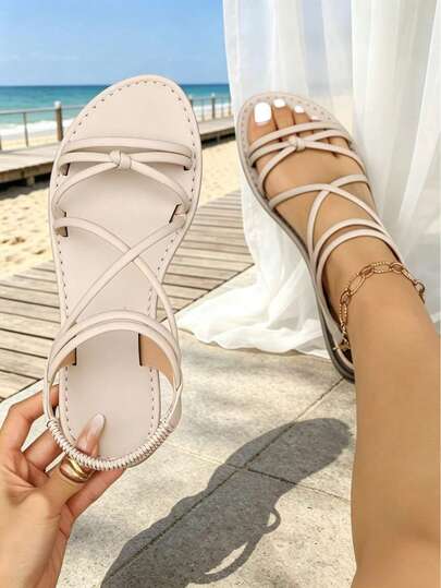 Sandálias rasas femininas novas de cor lisa com tiras cruzadas multicamadas, estilo casual descontraído para uso diário/férias, chinelos com atacadores em damasco, preto, branco
