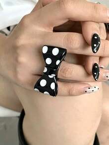 Y2K Black & White Polka Dot Chain Bow Ring, Colorful Striped Print Rings, Minimalist Personalized Daily Wear Rings For Women, Aesthetic - Multicolor - View 2