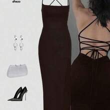 Vestido elegante de unicolor y sexy con espalda descubierta y abertura alta, para fiestas y eventos casuales de verano en color negro - Café integral - Ver 1