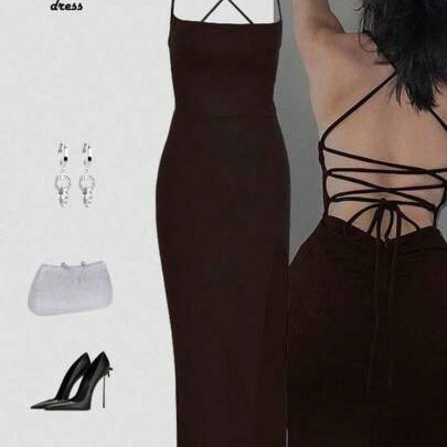 Vestido elegante de unicolor y sexy con espalda descubierta y abertura alta, para fiestas y eventos casuales de verano en color negro - Café integral - Ver 1