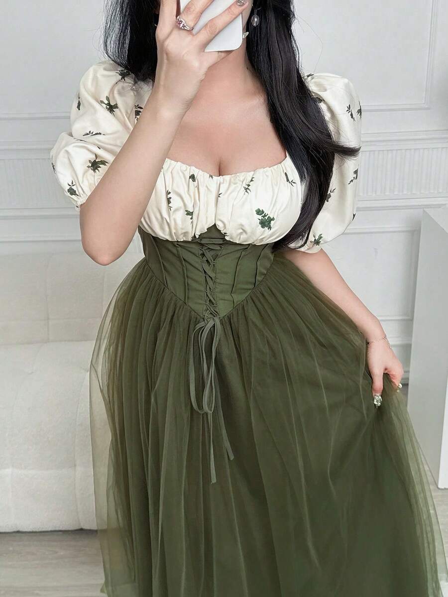 Vestido largo elegante de mujer con bloque de color, estampado floral y empalme de malla - Verde - Ver 1