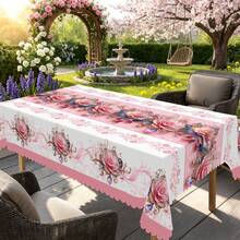 Pink Rose Tablecloth, Round And Rectangular Multiple Sizes, Colorful Floral Print Table Cover For Indoor Outdoor Use, Ideal For Garden Holiday Party Decor, Coffee Table Decoration, Kitchen Accessories And Home Ornaments - 粉色 - 查看 7