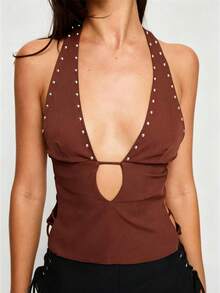 Womens Rivets Studded Halter Neck Plunge Cami Top Self-Tie Spaghetti Straps V-Neck Cut Out Front Crop Tank Top Camisole Vest Y2K Streetwear Party Tops - F217030-棕色 - 查看 1