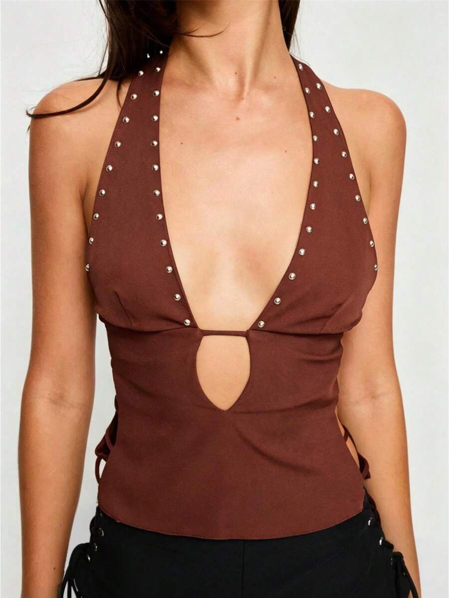 Womens Rivets Studded Halter Neck Plunge Cami Top Self-Tie Spaghetti Straps V-Neck Cut Out Front Crop Tank Top Camisole Vest Y2K Streetwear Party Tops - F217030-棕色 - 查看 1