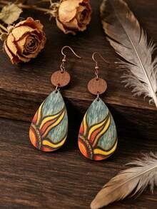 1 Pair Teardrop Shaped Vintage Painted Floral Wooden Niche Elegant Earrings - Multicolor - View 6