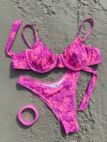 HOTTIE HABIT Set Bikini Wanita Elegan Berkilau Motif Bunga Ungu dengan Kawat Penyangga, Bawahan Potongan Tinggi, Cocok untuk Musim Panas - MultiWarna - View 6